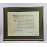 A King Edward VIII signed commission to James Heffernan Flying Officer, dated 13th March 1936,