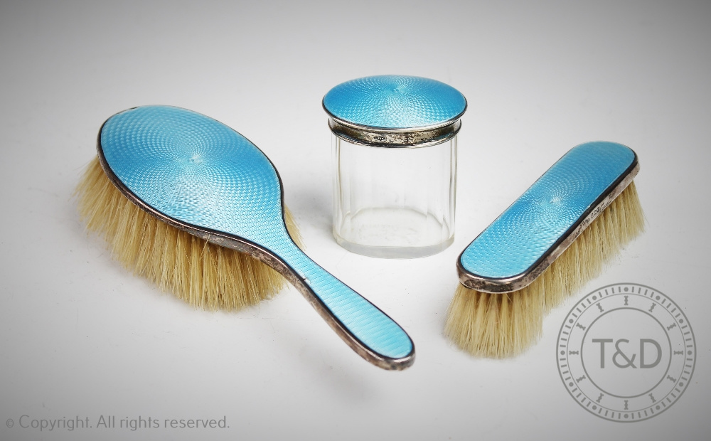 A three piece Art Deco silver and turquoise enamel dressing table set, Lionel Smith & Co,