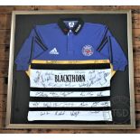 An Adidas Bath Rugby Club signed shirt, including Nigel Redman, Eric Peters, etc, framed and glazed,