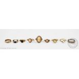 A collection of assorted 9ct yellow gold set rings, to include; cameo set examples,