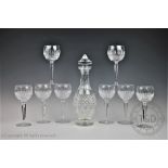 A Waterford Colleen pattern glass decanter and stopper and eight hock glasses,