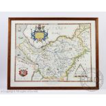 A coloured print of Saxton's 1577 map of Cheshire, glazed within oak frame,