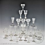 A selection of 19th century and later drinking glasses to include a set of six champagne flutes,