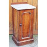 A Victorian walnut marble top pot cupboard, with panelled door, on plinth base,