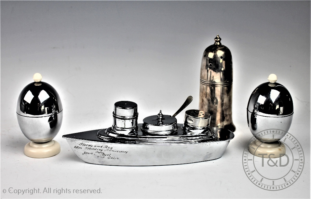 An Art Deco novelty condiment stand modelled as a steam boat,