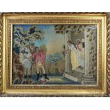 A large 19th century silk painted and embroidered allegorical panel,