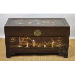 A 20th century Chinese stained camphor wood blanket box, with hard stone detailing,