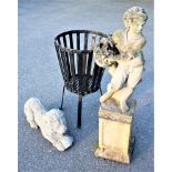 A reconstituted stone garden figure of a cherub, on rectangular plinth, 115cm,