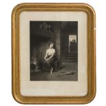 STAMPA in bianco e nero "Interno con fanciulla" entro cornice dorata ad oro zecchino. XIX secolo