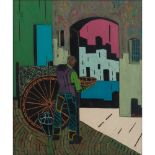 MARCELLO PIACENTINI (Roma 1881 - 1960) TECNICA mista su tela "Paesaggio con personaggio e carretto",