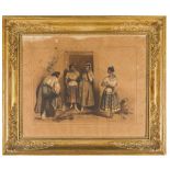 STAMPA "Personaggi spagnoli" entro cornice Impero in legno dorato. Spagna XIX secolo Misure: cm 59 x