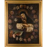 SCUOLA SPAGNOLA DEL XVIII SECOLO OLIO su tela "Santa con corona di fiori". Misure: cm 82,5 x h 103