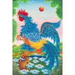 PITTORE DEL XX SECOLO OLIO su tela "Il gallo blu", firmato nel retro. Misure: cm 60 x 40