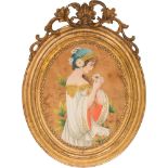 TEMPERA su stoffa "Figura femminile" (cm 73 x 58,5) entro bella cornice in legno dorato ad argento e