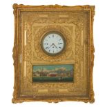 OROLOGIO da parete in legno dorato con pannello in leno dipinto raffigurante "Venezia", quadrante