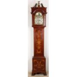 19th Century English mahogany standing clock with intarsia and plated engraved dial with seconds