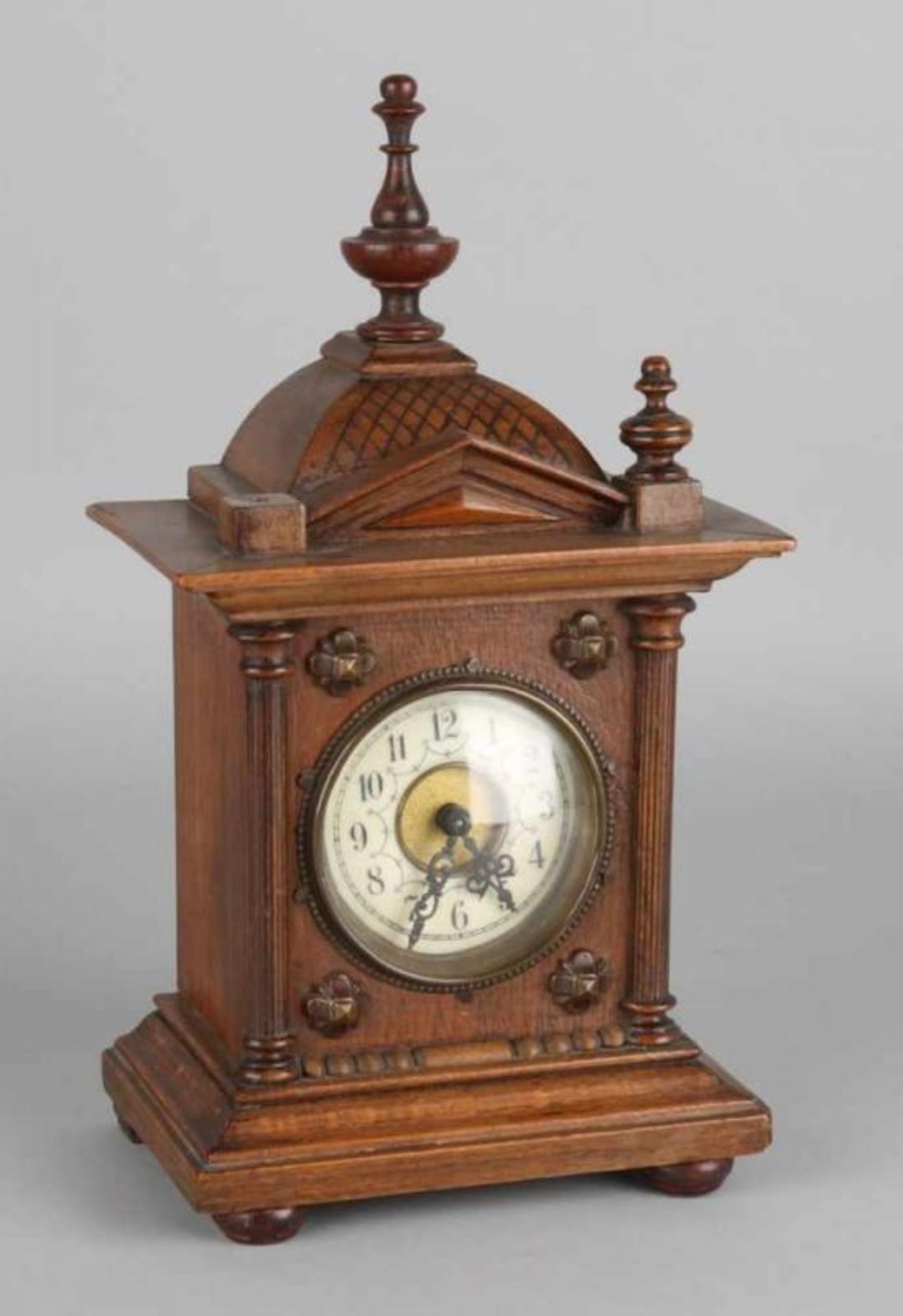 Small antique German Junghans walnut table clock. Historism. Circa: 1890. Function not tested.
