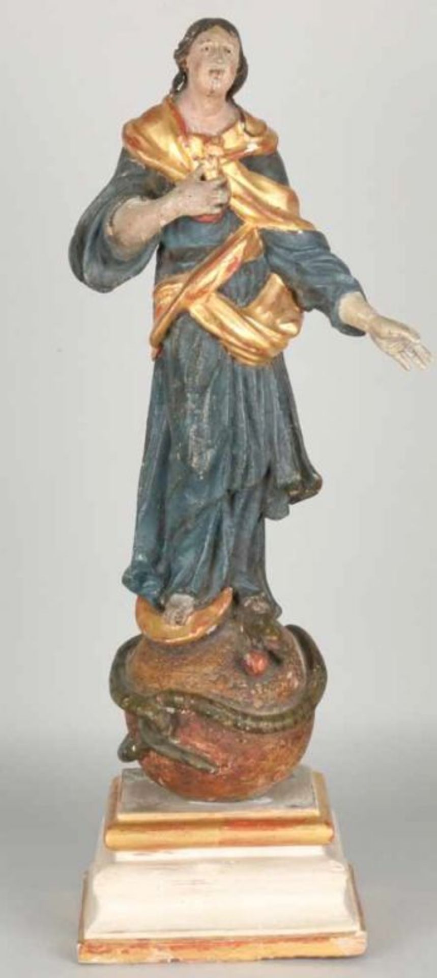 18th Century Southern German religiously wood figure on basement with original polychromy. Size: