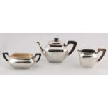 Silver tea service, 835/000, tea jug, milan and sugar bowl, rectangularly-contoured model with