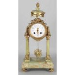 Antique French green onyx portal clock with brass. Circa: 1880. Clock has eight-day clock, half hour