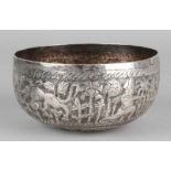 Silver bowl decorated with elephants, tigers, flowers and figures. ø11x6cm. 835/000. (Eastern) about