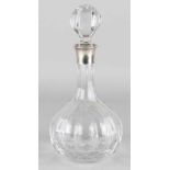 Crystal decanter with silver collar, 925/000. decanter with round belly decorated with scalloped