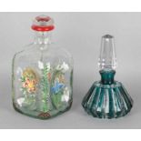 Twice glassware. One perfume bottle, damaged. One painted mouth-blown bottle. First half of 20th