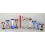 Lot of 10x designer glass vases. Various colors. 20th century. Size: 15 - 30 cm. In good