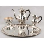 Silver tea set on tray, 835/000, with a tea pot, milk jug and sugar bowl. Tea jug and milk jug