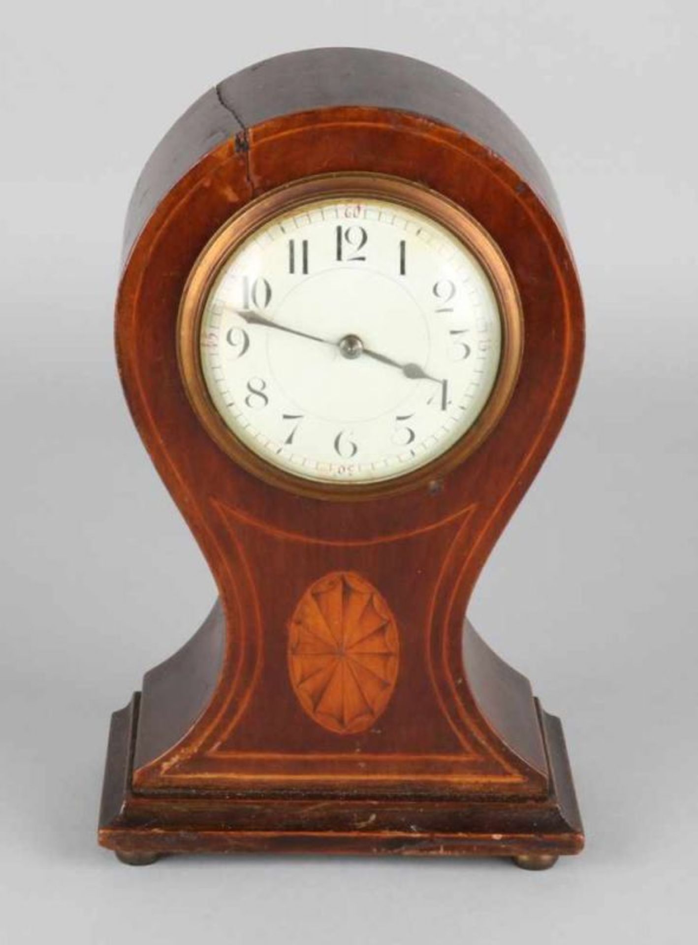 Small antique English mahogany Balloon table clock with intarsia. Circa 1900. Clock has eight-day