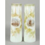 Two antique opaline glass vases with landscapes and pine branches decors. Circa 1900. Size: 30 x 9