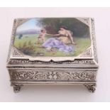 Silver box with porcelain representation. 800/000. Rectangular box on 4 claw feet along the edges