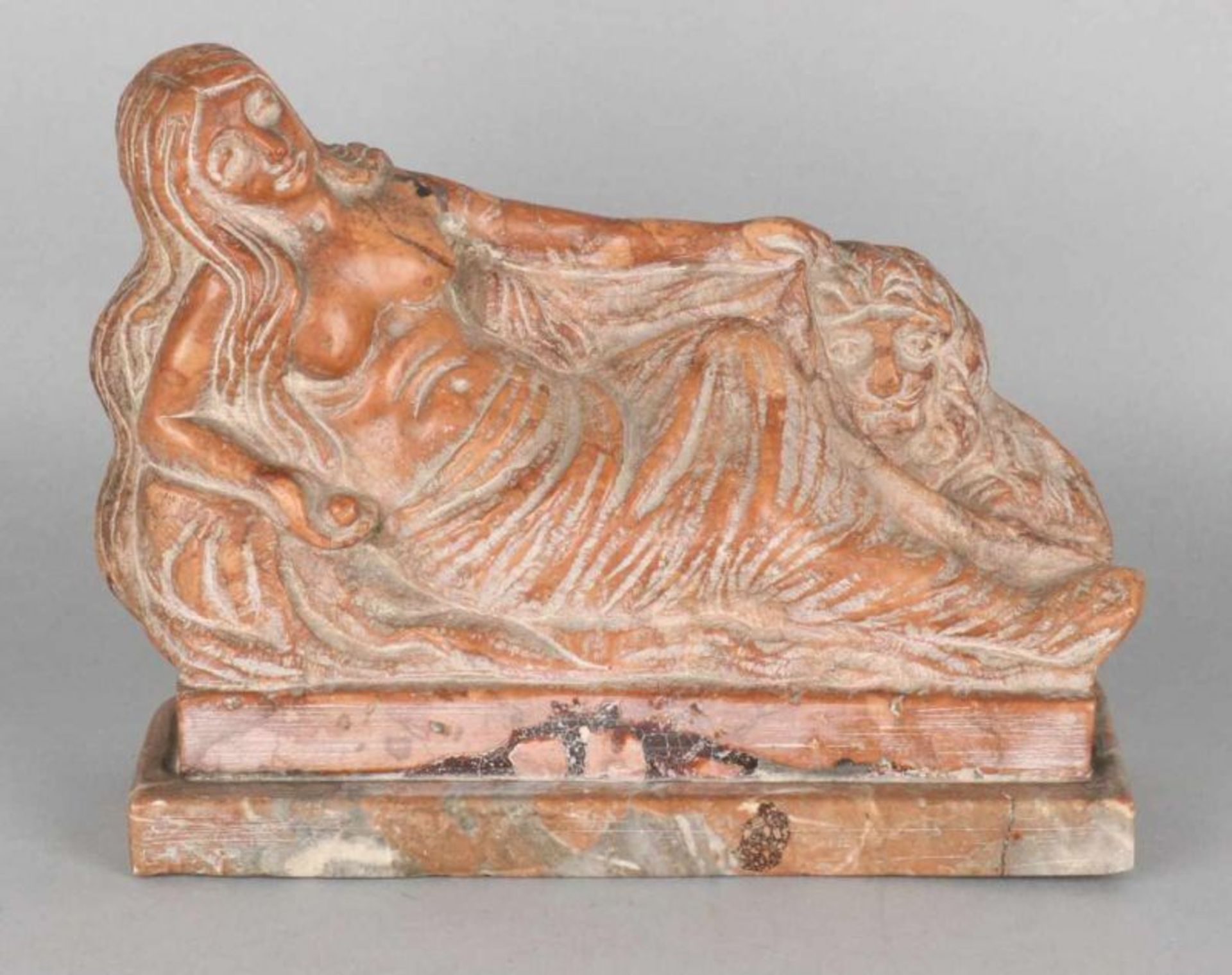 Antique baroque marble statue. Lying woman with lion. Probably Italy. 18th century. Size: 19 x 23