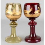 Two antique German Roemer wine glasses with gilded etched wild decors. Circa 1900. Size: 21 cm. In