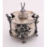 Beautiful silver inkwell, 84 zolotniks, 875/000, oval model with 2 hunters and 2 imposed deer.