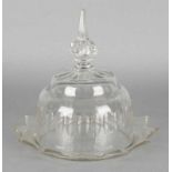 Large 19th century crystal almond-ground cheese jar. Stolp has few minimal chips. Size: 22 x 22 cm