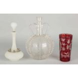 Three times 19th century glassware. One ribbed decanter with mills and fruit decor, chip. One time