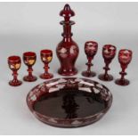 Antique Bohemian glass etched liqueur set. Consisting of: Tablet, decanter, three glasses (