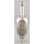 Large silver decanter, 925/000, with representations, placed on a round worked foot. Provided with a