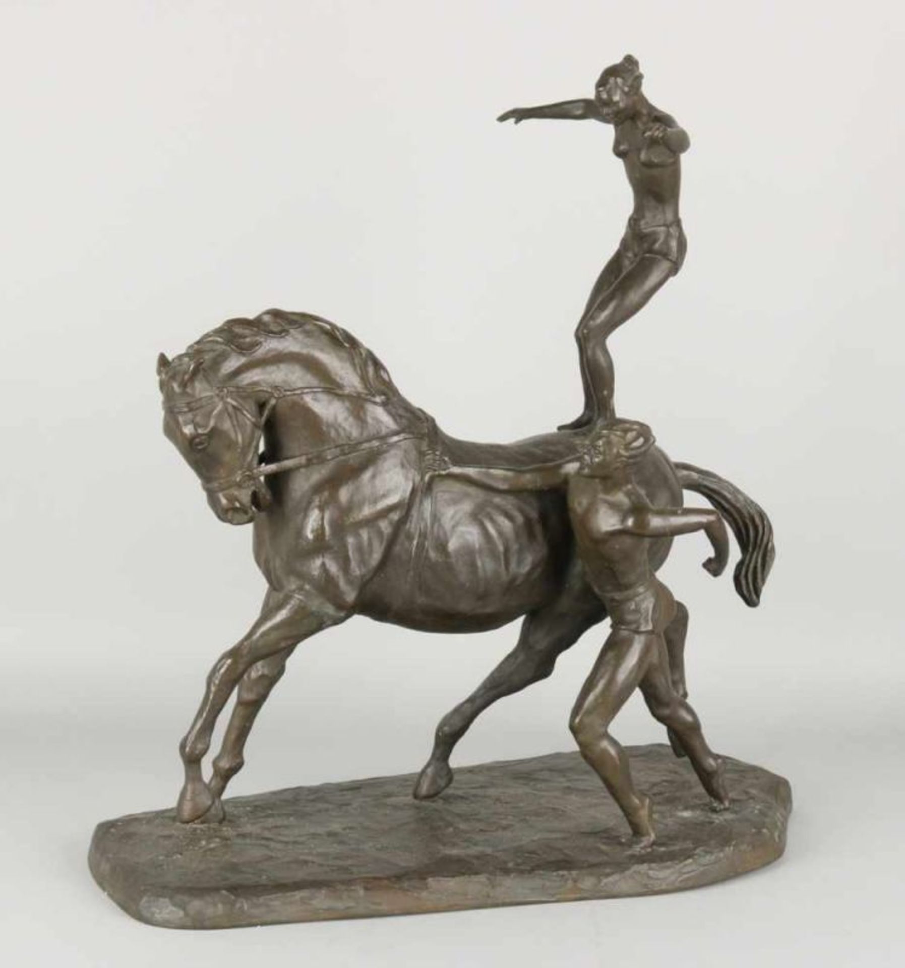 Bronze figure by the Dutch sculptor Han Rehm. 1908 - 1970. Juggling figures with horse. Size: 49 x