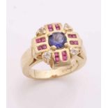 Tight ring, 375/000, with tanzanite, ruby ​​and rock crystal. At the top, the ring is provided in