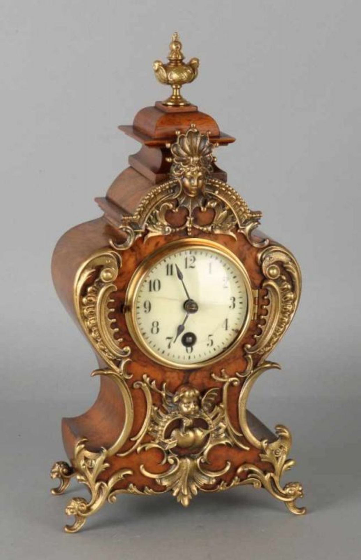 Original German walnut Lenzkirch table clock with brass decorations. Clock has an eight-day clock,