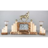 Large French onyx with marble Art Deco clock set with deer. Circa 1930. Chip. Eight-day movement,