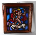 Antique stained glass window with Mercury. Size: 50 x 50 cm. In good condition. Antikes