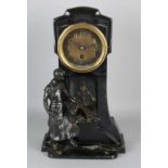 Antique German art nouveau table clock with industrial representation and silent Junghans timepiece.