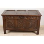 18th Century English oak wooden blanket chest with carving. Size: 73 x 60 x 129 cm. In good