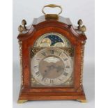 Large antique English walnut table clock with moon stand and bronze frames. Circa 1900 - 1920. Size: