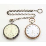 Two silver pocket watches, 800/000, one watch with chain and a case decorated with line pattern, ø51