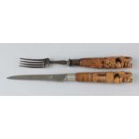 Antique travel cutlery, c. 1895, with carved wooden handles, folk art. 19 cm. In good condition