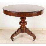 Biedermeier bolster table. Foot is mahogany, leaf is oak veneered. Fully standing on three-legged